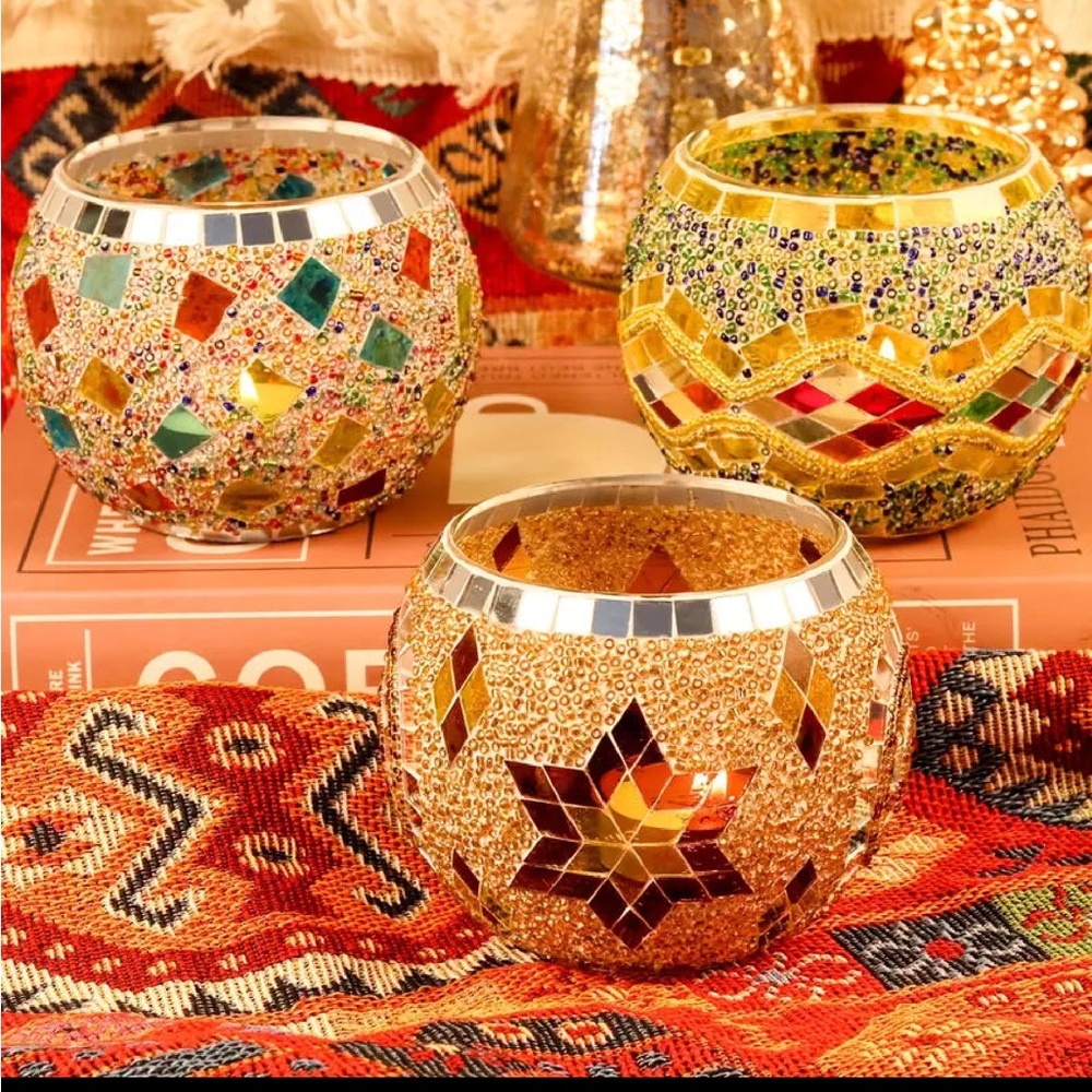 Mosaic Glass Candle Holders - Multicolor Set